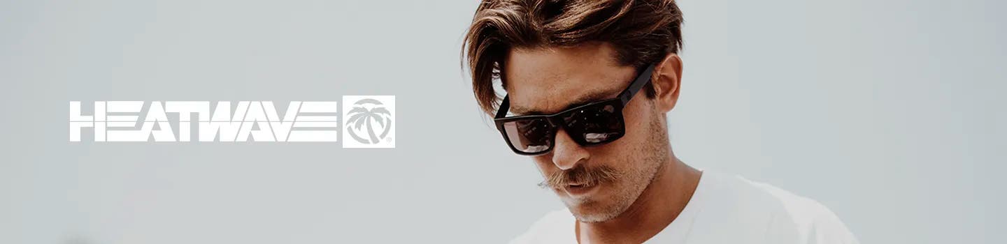 HEATWAVE sunglasses brand banner of guy wearing Heat Wave sunglasses on his face